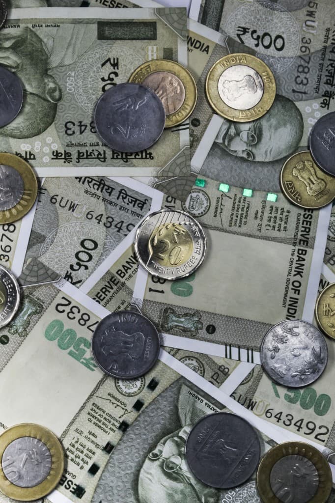 Indian currency notes and coins